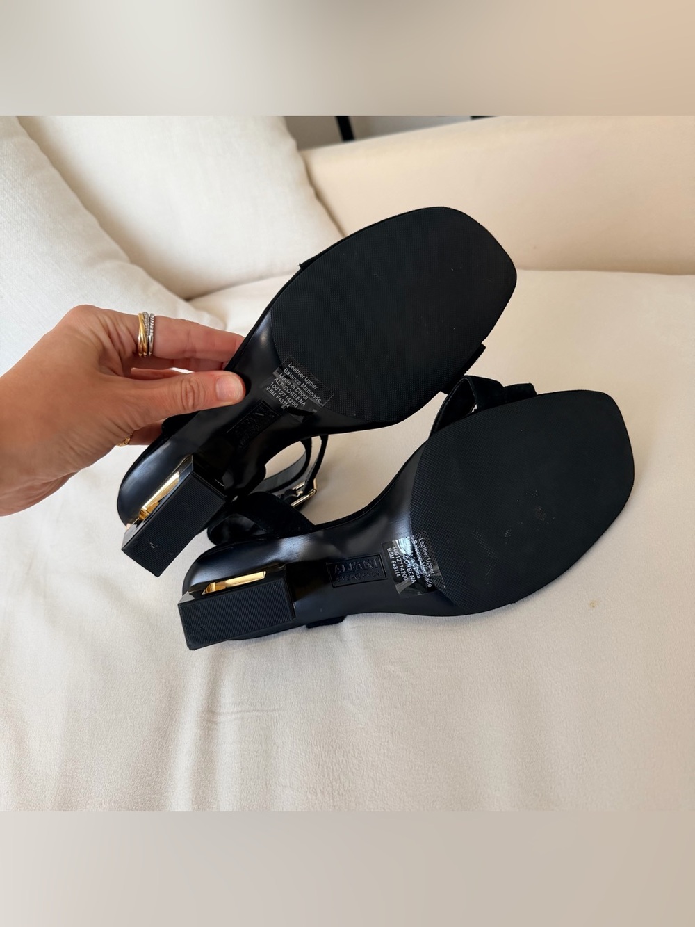 ALFANI WOMEN’S COREENA SQUARE-HEEL DRESS SANDALS IN BLACK WITH GOLD HEEL US 9.5 - Picture 6 of 6